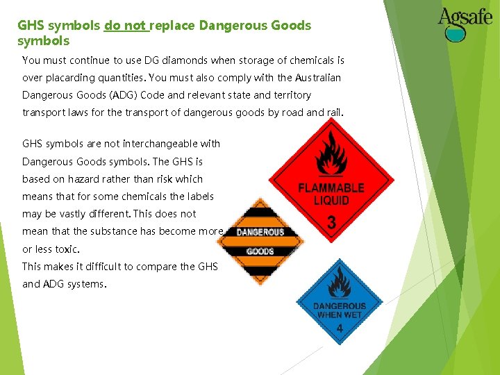 GHS symbols do not replace Dangerous Goods symbols You must continue to use DG