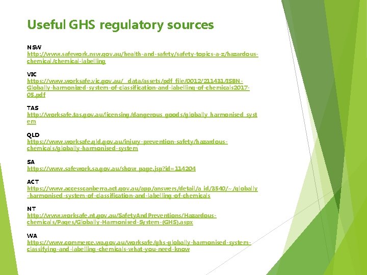 Useful GHS regulatory sources NSW http: //www. safework. nsw. gov. au/health-and-safety/safety-topics-a-z/hazardouschemical/chemical-labelling VIC https: //www.