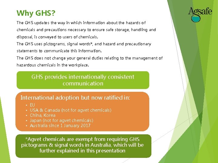 Why GHS? The GHS updates the way in which information about the hazards of