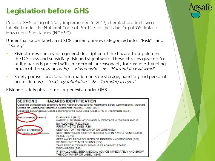 Legislation before GHS Prior to GHS being officially implemented in 2017, chemical products were