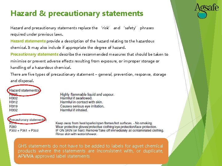 Hazard & precautionary statements Hazard and precautionary statements replace the ‘risk’ and ‘safety’ phrases