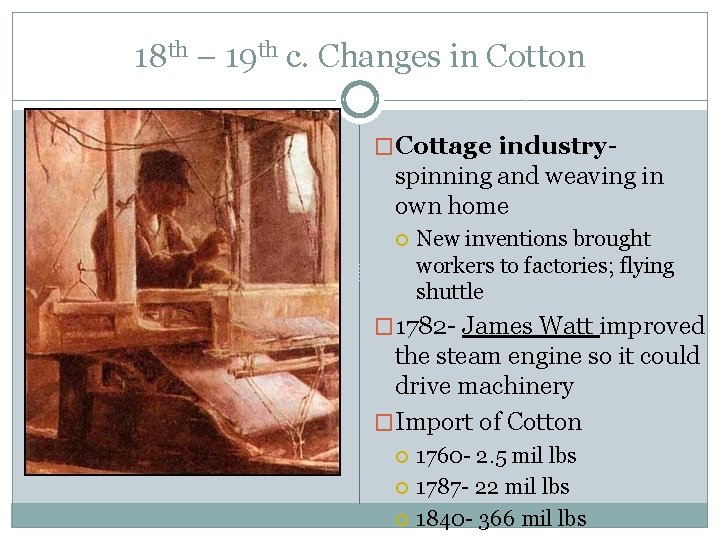 18 th – 19 th c. Changes in Cotton �Cottage industry- spinning and weaving 18 th – 19 th c. Changes in Cotton �Cottage industry- spinning and weaving