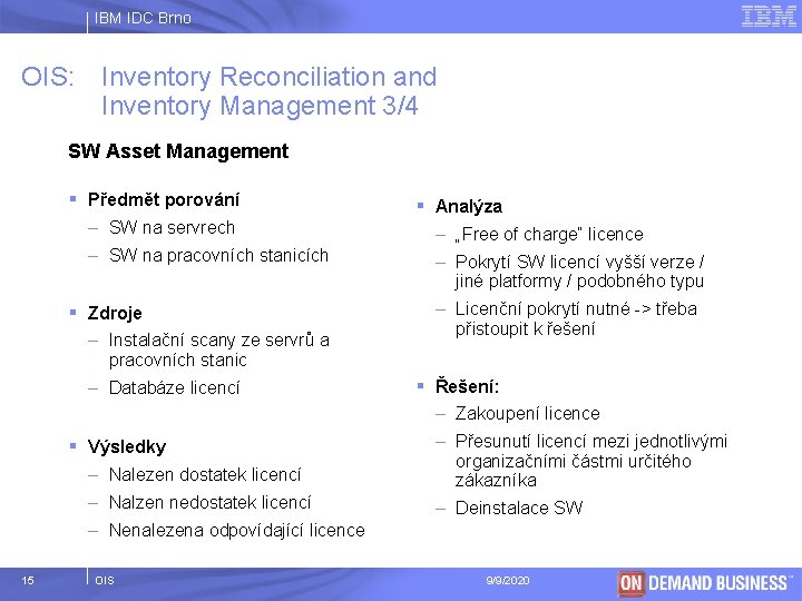 IBM IDC Brno OIS: Inventory Reconciliation and Inventory Management 3/4 SW Asset Management §