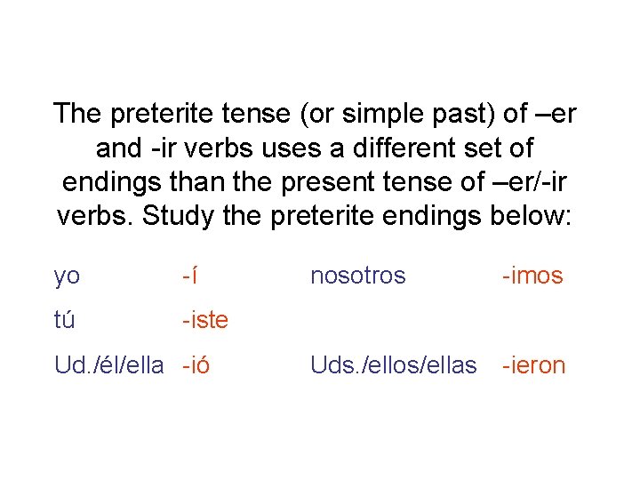 The preterite tense (or simple past) of –er and -ir verbs uses a different