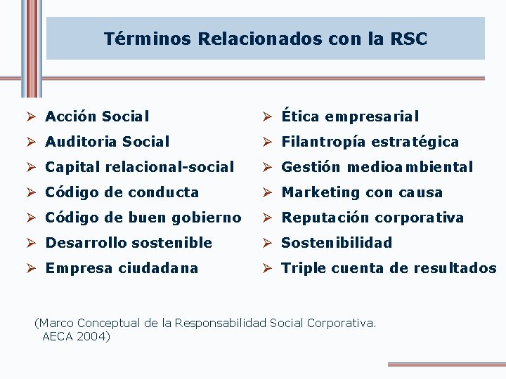 Términos Relacionados con la RSC Ø Acción Social Ø Ética empresarial Ø Auditoria Social