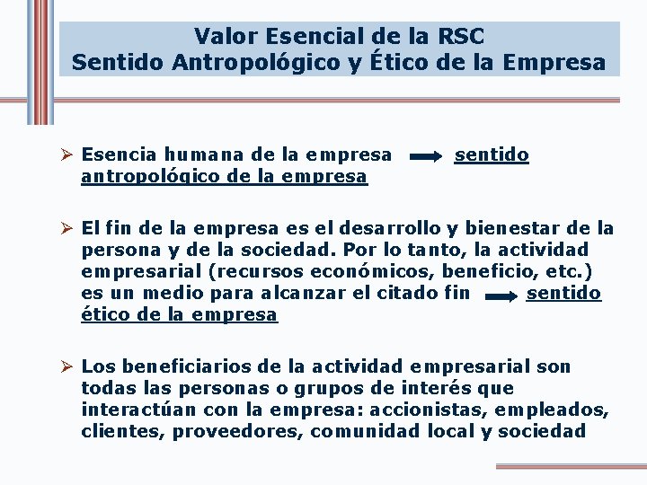 Valor Esencial de la RSC Sentido Antropológico y Ético de la Empresa Ø Esencia