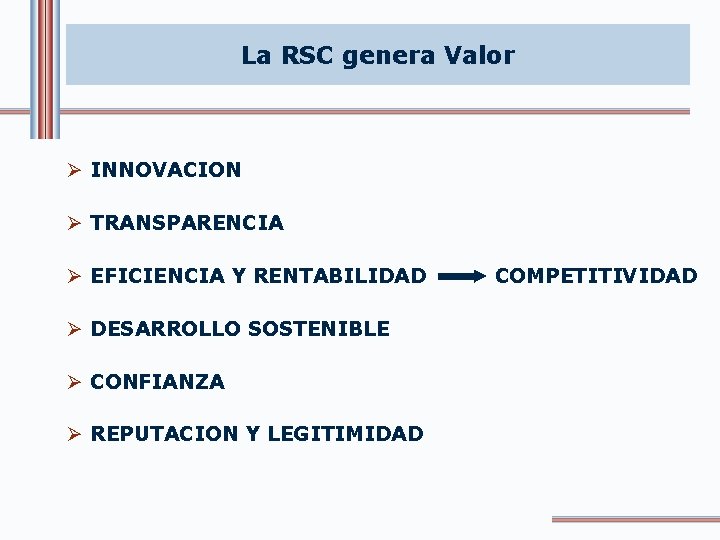 La RSC genera Valor Ø INNOVACION Ø TRANSPARENCIA Ø EFICIENCIA Y RENTABILIDAD COMPETITIVIDAD Ø