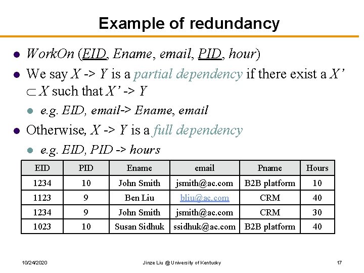 Example of redundancy l l Work. On (EID, Ename, email, PID, hour) We say