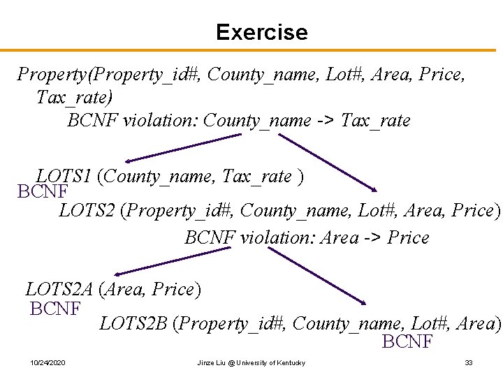 Exercise Property(Property_id#, County_name, Lot#, Area, Price, Tax_rate) BCNF violation: County_name -> Tax_rate LOTS 1