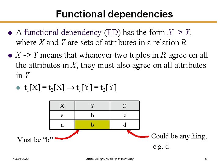 Functional dependencies l l A functional dependency (FD) has the form X -> Y,