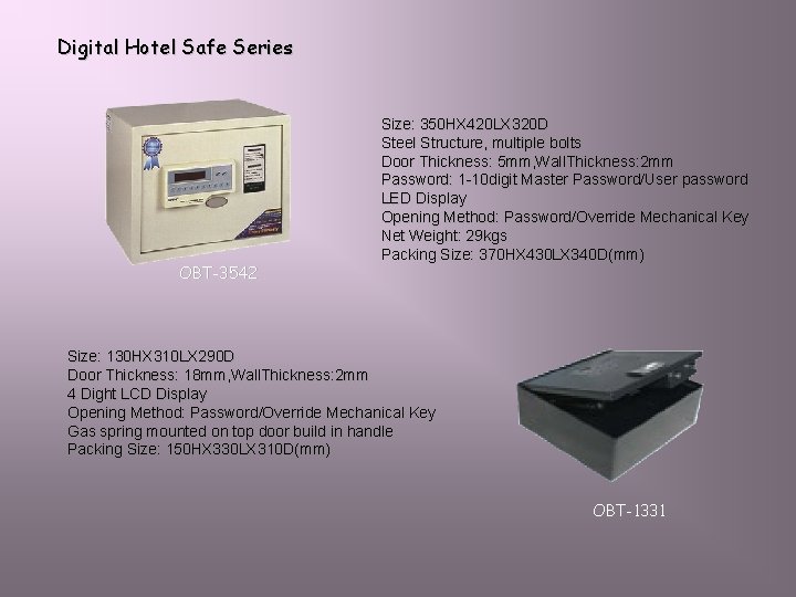 Digital Hotel Safe Series OBT-3542 Size: 350 HX 420 LX 320 D Steel Structure,