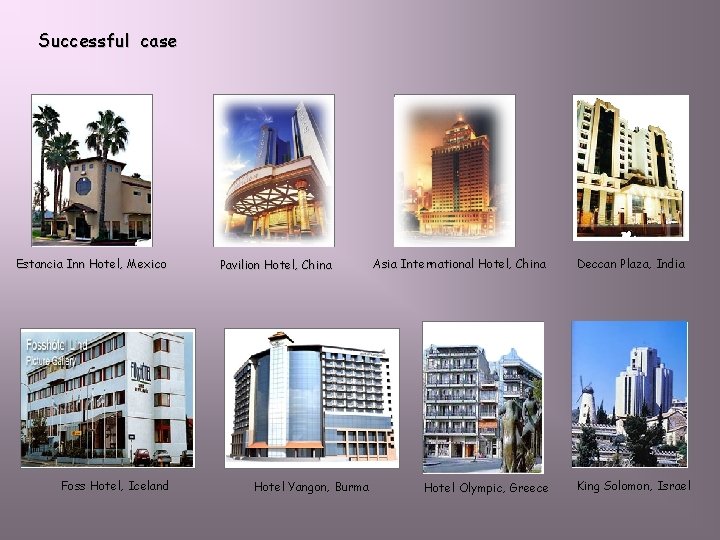 Successful case Estancia Inn Hotel, Mexico Foss Hotel, Iceland Pavilion Hotel, China Hotel Yangon,
