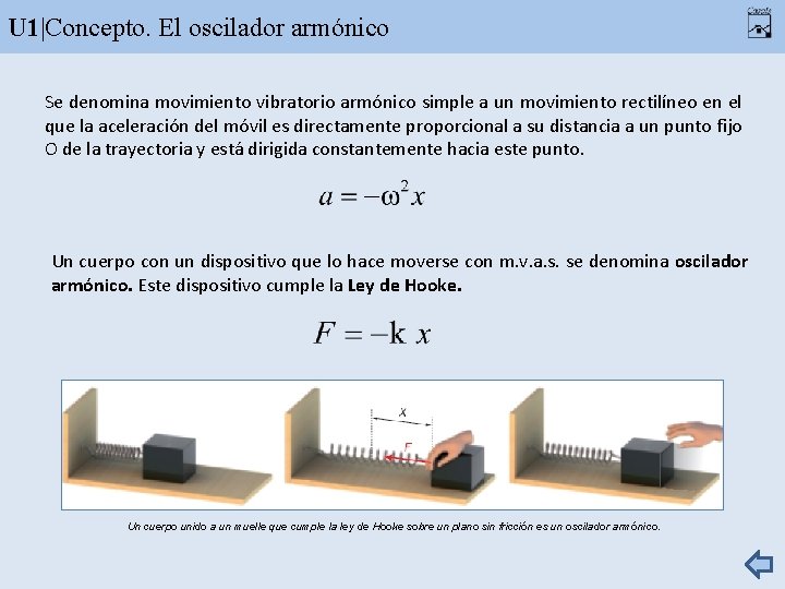 U 1|Concepto. El oscilador armónico Se denomina movimiento vibratorio armónico simple a un movimiento