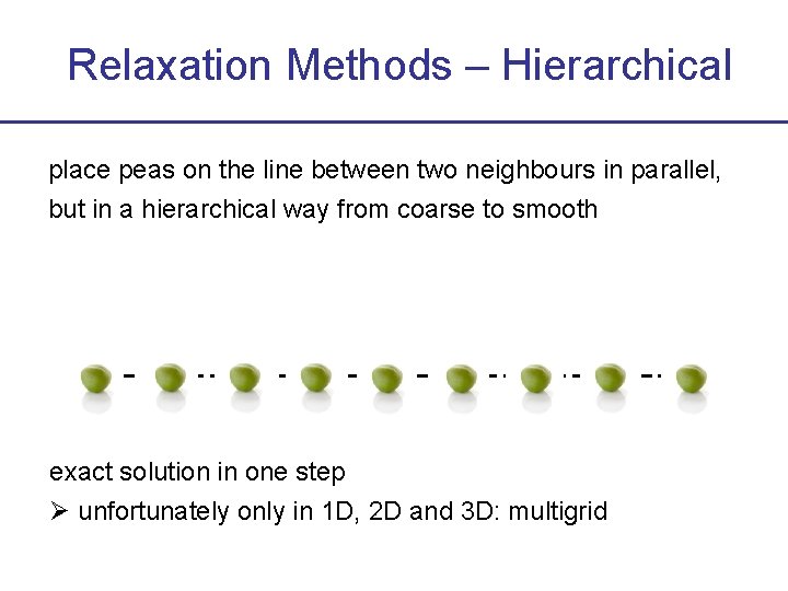 Relaxation Methods – Hierarchical place peas on the line between two neighbours in parallel,