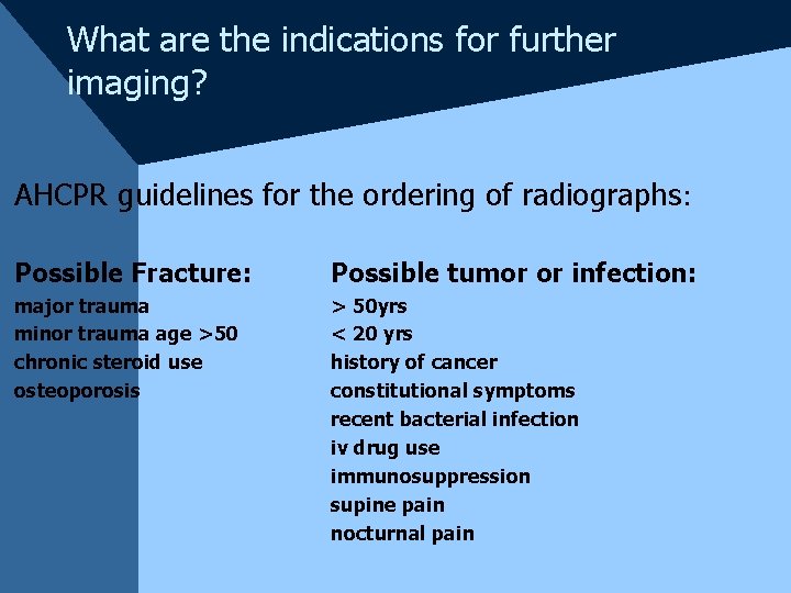 What are the indications for further imaging? AHCPR guidelines for the ordering of radiographs: