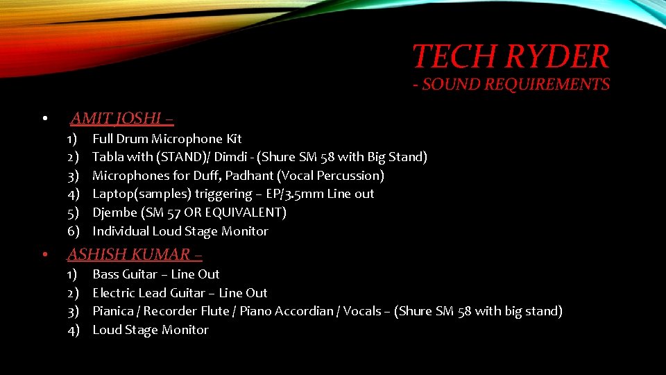 TECH RYDER - SOUND REQUIREMENTS • AMIT JOSHI – 1) 2) 3) 4) 5)