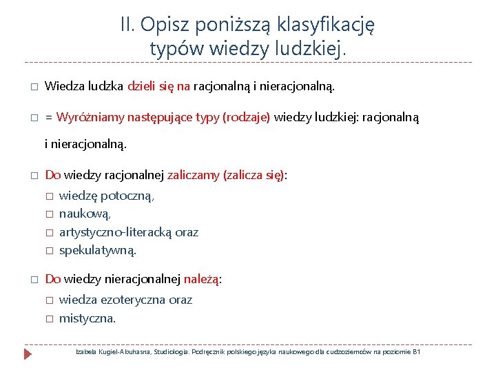 II. Opisz poniższą klasyfikację typów wiedzy ludzkiej. � Wiedza ludzka dzieli się na racjonalną