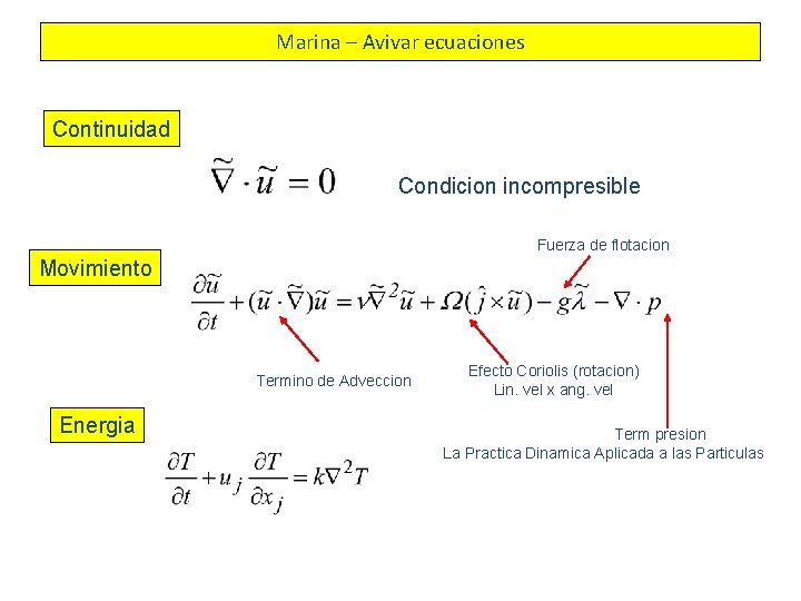 Marina – Avivar ecuaciones Continuidad Condicion incompresible Fuerza de flotacion Movimiento Termino de Adveccion