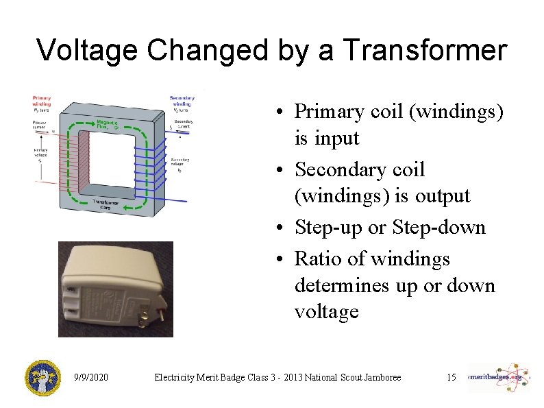 Voltage Changed by a Transformer • Primary coil (windings) is input • Secondary coil