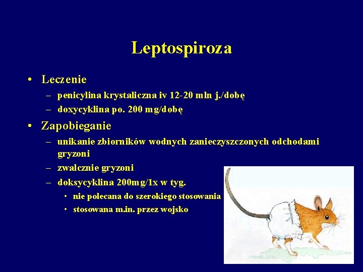 Leptospiroza • Leczenie – penicylina krystaliczna iv 12 -20 mln j. /dobę – doxycyklina