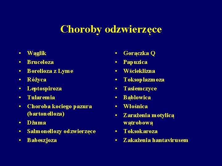 Choroby odzwierzęce • • Wąglik Bruceloza Borelioza z Lyme Różyca Leptospiroza Tularemia Choroba kociego