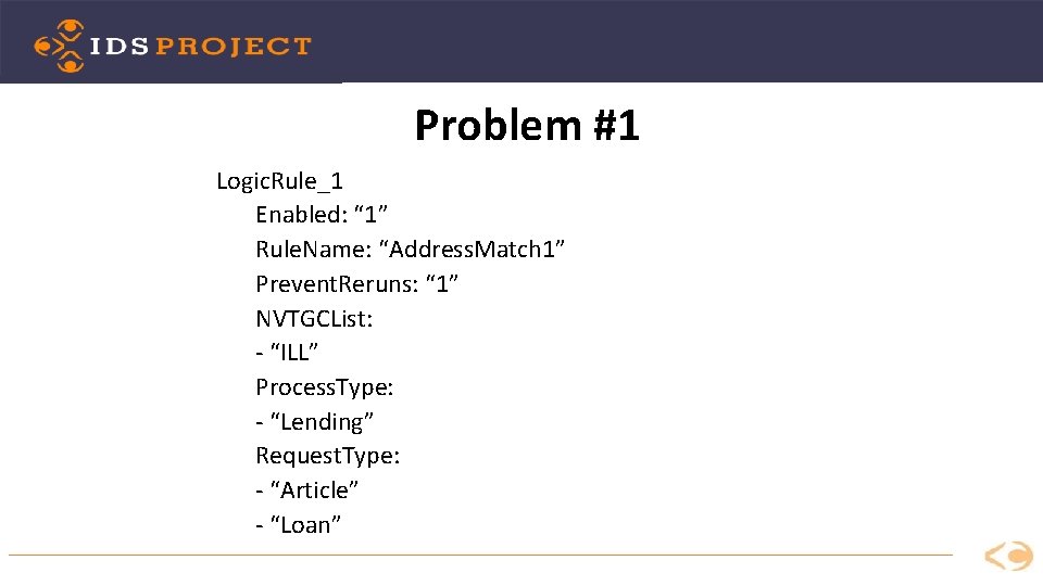 Problem #1 Logic. Rule_1 Enabled: “ 1” Rule. Name: “Address. Match 1” Prevent. Reruns: