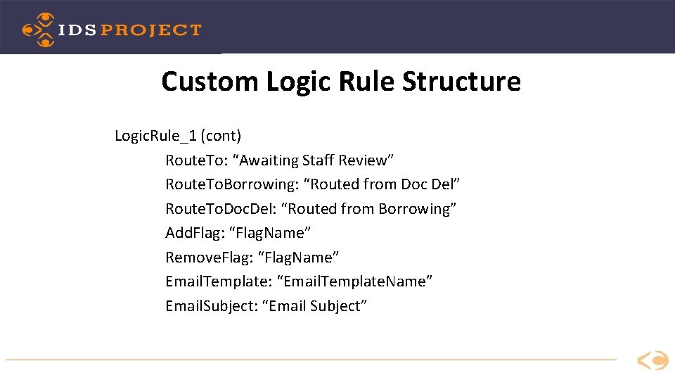 Custom Logic Rule Structure Logic. Rule_1 (cont) Route. To: “Awaiting Staff Review” Route. To.