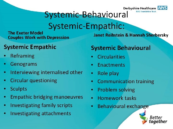Systemic-Behavioural Systemic-Empathic: The Exeter Model Couples Work with Depression Systemic Empathic • • Reframing