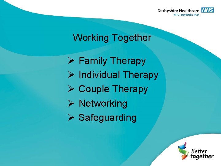 Working Together Ø Ø Ø Family Therapy Individual Therapy Couple Therapy Networking Safeguarding 