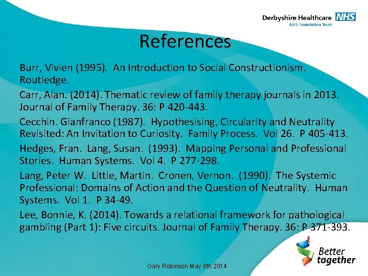 References Burr, Vivien (1995). An Introduction to Social Constructionism. Routledge. Carr, Alan. (2014). Thematic