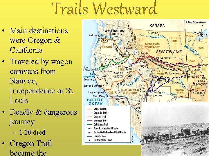 Trails Westward • Main destinations were Oregon & California • Traveled by wagon caravans