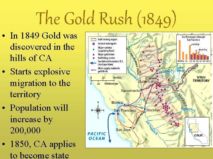 The Gold Rush (1849) • In 1849 Gold was discovered in the hills of