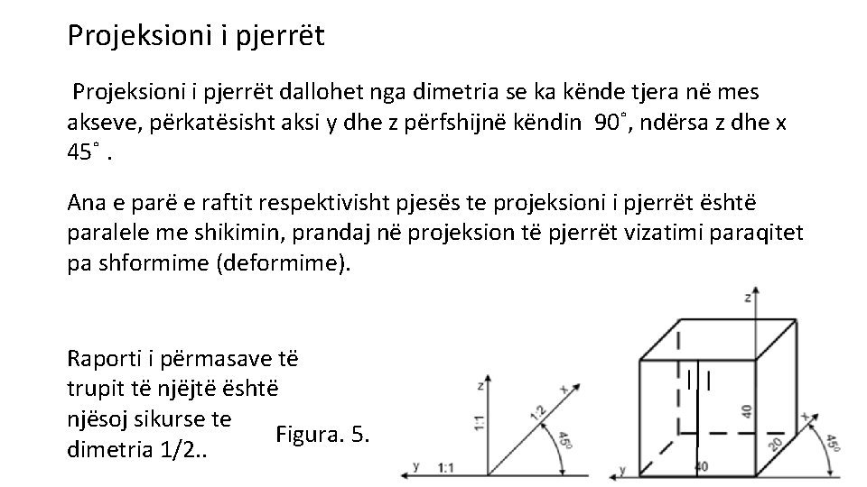 Projeksioni i pjerrët dallohet nga dimetria se ka kënde tjera në mes akseve, përkatësisht