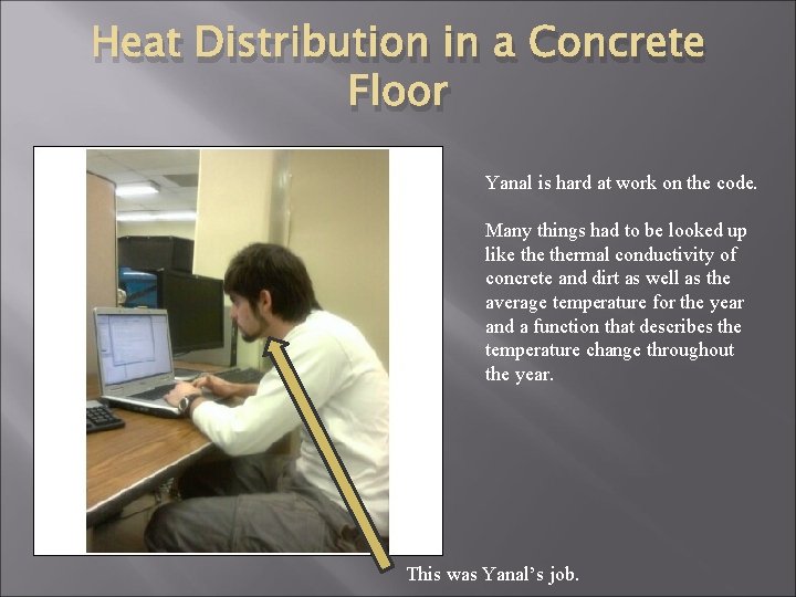 Heat Distribution in a Concrete Floor Yanal is hard at work on the code.