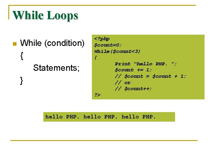 While Loops n While (condition) { Statements; } <? php $count=0; While($count<3) { Print