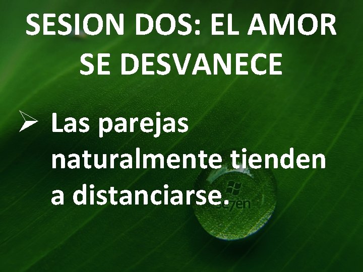 SESION DOS: EL AMOR SE DESVANECE Ø Las parejas naturalmente tienden a distanciarse. 