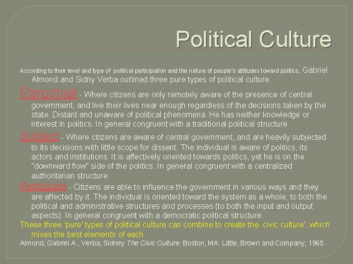 Political Culture According to their level and type of political participation and the nature
