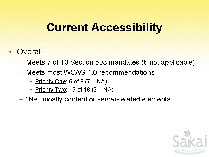 Current Accessibility • Overall – Meets 7 of 10 Section 508 mandates (6 not