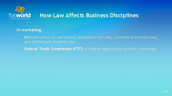 How Law Affects Business Disciplines • In marketing – Marketers must be particularly attuned