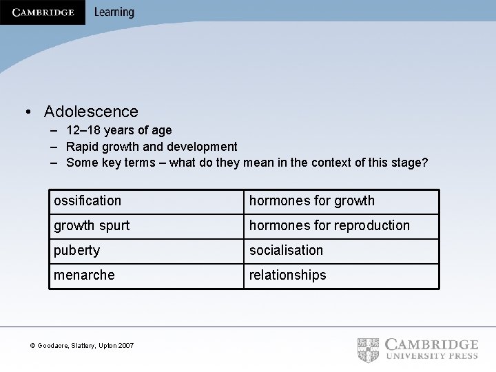  • Adolescence – 12– 18 years of age – Rapid growth and development