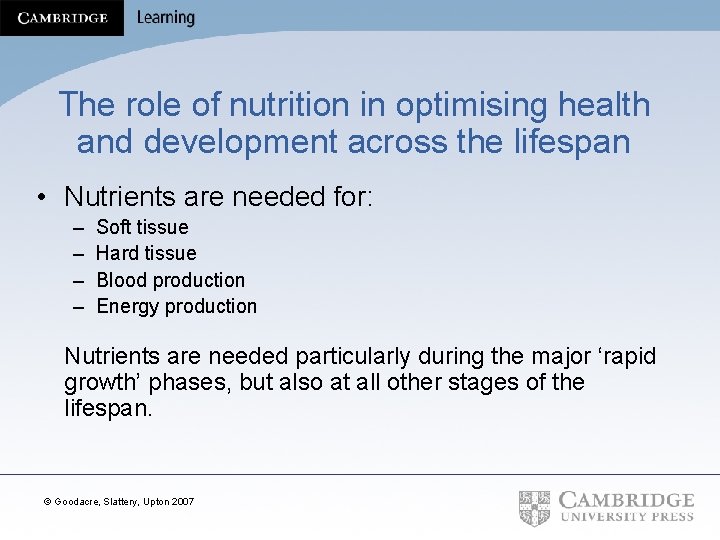 The role of nutrition in optimising health and development across the lifespan • Nutrients