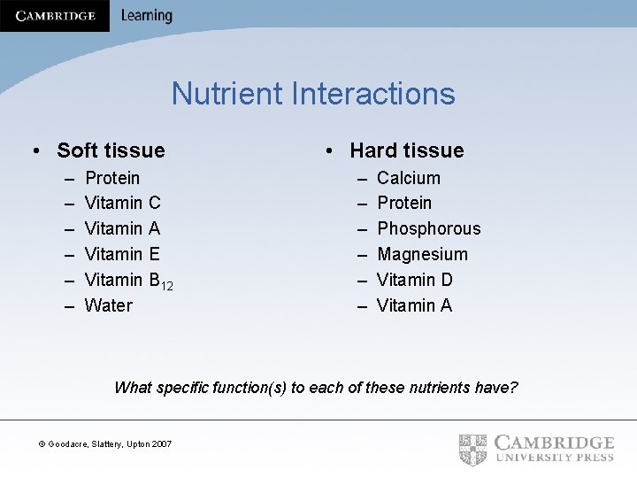 Nutrient Interactions • Soft tissue – – – Protein Vitamin C Vitamin A Vitamin