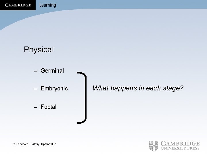 Physical – Germinal – Embryonic – Foetal © Goodacre, Slattery, Upton 2007 What happens