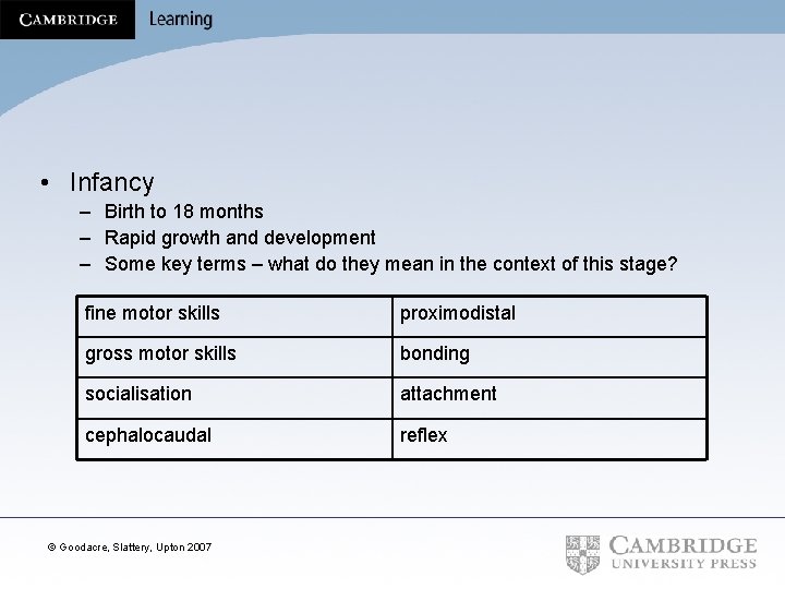  • Infancy – Birth to 18 months – Rapid growth and development –