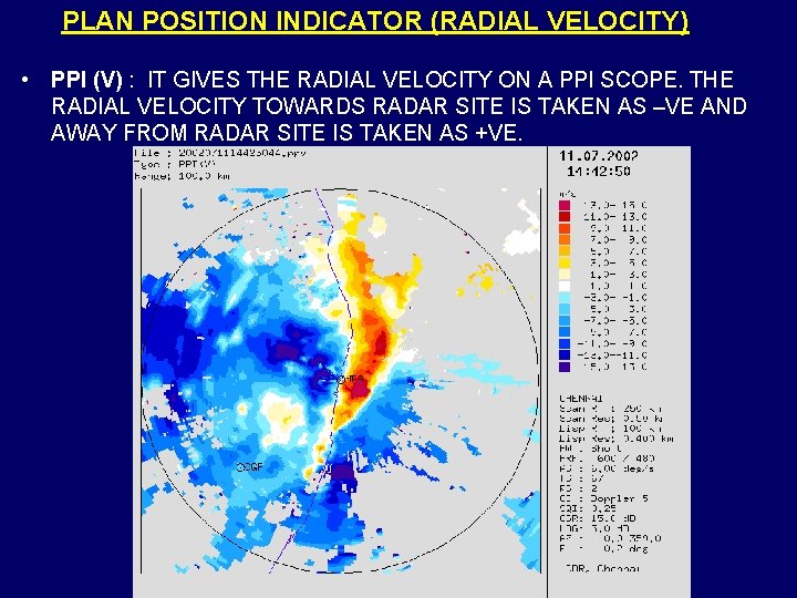 PLAN POSITION INDICATOR (RADIAL VELOCITY) • PPI (V) : IT GIVES THE RADIAL VELOCITY