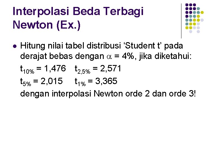 Interpolasi Beda Terbagi Newton (Ex. ) l Hitung nilai tabel distribusi ‘Student t’ pada