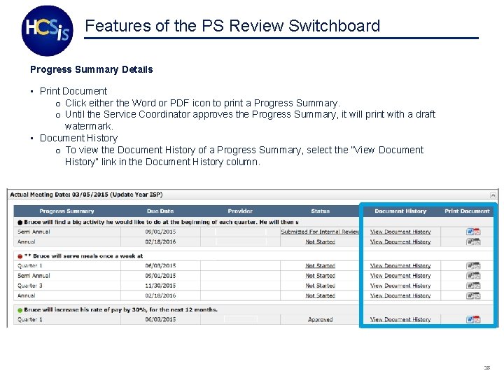 Features of the PS Review Switchboard Progress Summary Details • Print Document o Click