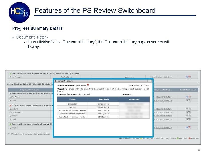 Features of the PS Review Switchboard Progress Summary Details • Document History o Upon