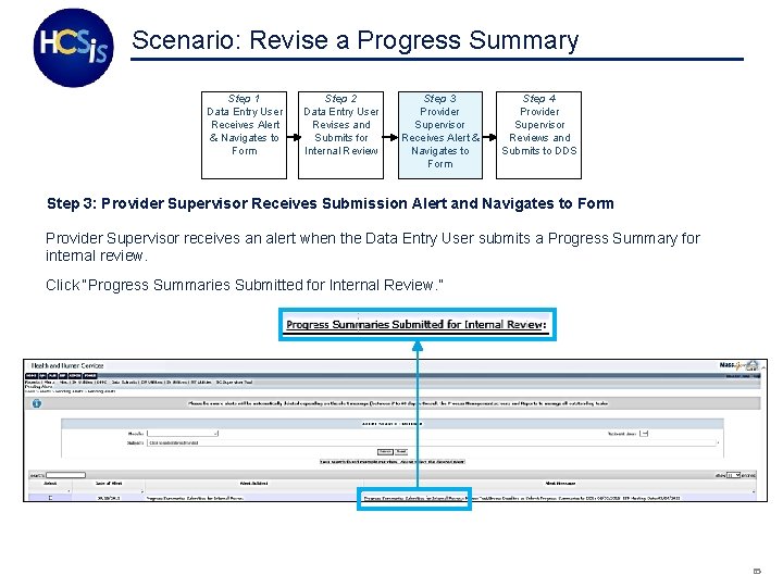 Scenario: Revise a Progress Summary Step 1 Data Entry User Receives Alert & Navigates