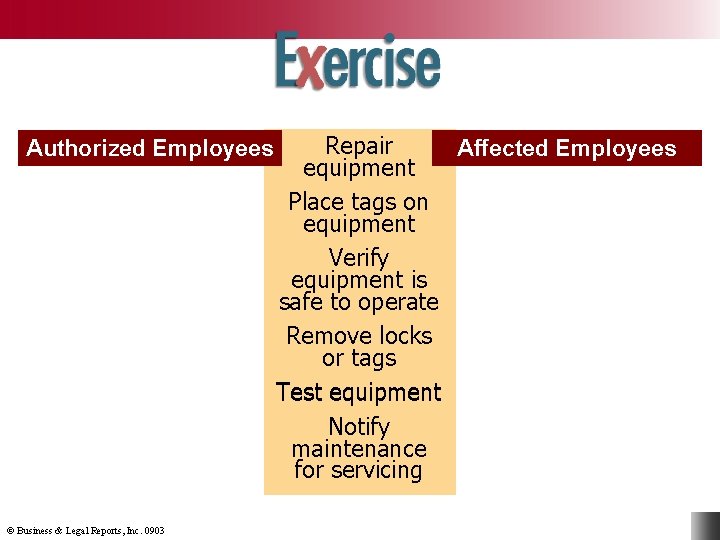 Authorized Employees © Business & Legal Reports, Inc. 0903 Repair Affected Employees equipment Place